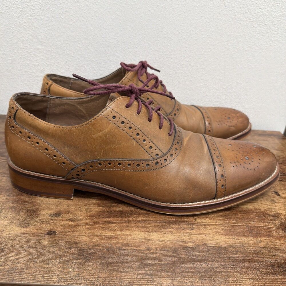 Johnston & Murphy Tan Leather Wingtip Oxfords with Burgundy Laces
